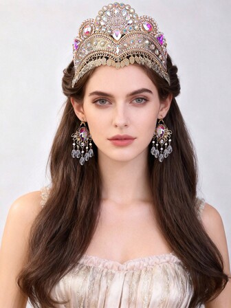Luxury Palace Style Rhinestone Tassel Crown Earrings Set, Bridal Wedding Queen-Level Accessories, Elegant Accessories For Gala, Party, Stage