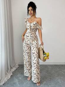 Women's Elegant Commuting Jumpsuits With Full-Body Prints, Ruffled Lace, Ruffled Hems, Cut-Out Details And Asymmetrical Straps, Suitable For Daily Wear, Gatherings, Spring, Summer And Valentine's Day - Multicolor - View 4