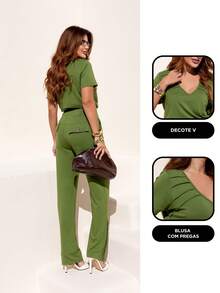 Women's Set: Pants With V-Neck Blouse - Modern - màu xanh lá - Xem 2