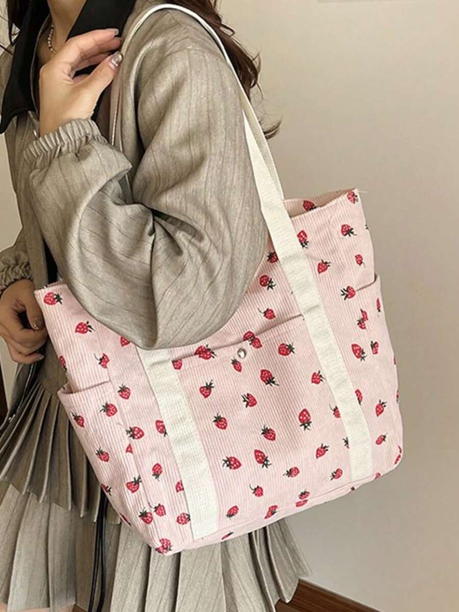 Prosta torba na ramię z nadrukiem truskawkowym dla kobiet, duża pojemność na wakacje i podróże, uniwersalna, swobodna, sztruksowa torba z wieloma kieszeniami i uchwytem u góry, lekka, przenośna torba na zakupy na co dzień, idealna do dojazdów i wyjść - Różowy - Zobacz 1