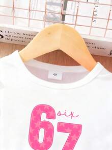 女童数字印花短袖网纱连衣裙 - 玫紅色 - 查看 3