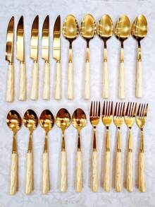 8/20pcs Golden Unique Stainless Steel Tableware, Beautiful Silverware Old-Fashioned Elegant Colorful Ceramic Handle Steak Knife, Dessert Spoon, Fork And Spoon - Multi-Color Creative Tableware Porcelain, Perfect For Daily Dining And Holiday Gatherings