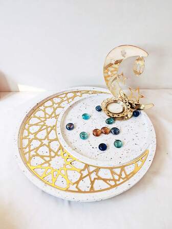 1 pieza Bandeja decorativa de diseño de estrella y luna de madera, bandeja de decoración con patrón árabe dorado, almacenamiento de mesa, decoración del hogar para festivales musulmanes