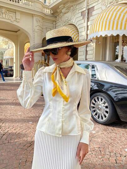 Women Elegant Button Front Collared Blouse With Bishop Long Sleeves Regular Length Woven Fabric Shirt