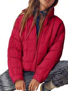 Womens Fashion Short Oversized Puffer Jacket Lightweight Water Resistant Packable Winter Coat - 紅色 - 查看 2