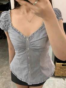 Women's Button Down Lace Top V Neck Ruffled Sexy Low Cut Babydoll Top Cute Slim Fit Casual Work Blouse - 藍色 - 查看 2