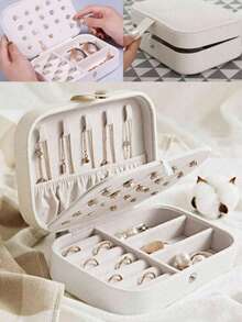 1个旅行首饰盒，小型PU皮革首饰收纳盒，适合女性和女孩，便携式双层迷你首饰盒，可收纳耳环、戒指、项链，带可拆卸隔板，多功能首饰整理盒 - 彩色 - 查看 5