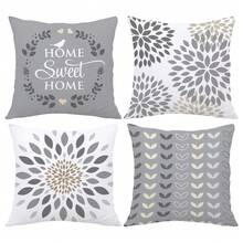 MEMNUN 4 piezas Fundas de cojín modernas y sencillas con estampado geométrico gris, floral y de hojas "Home Sweet Home", de tela de terciopelo melocotón con impresión de un solo lado, en tamaños 17.7*17.7in(45*45cm)/19.69*19.69in(50*50cm)/15.75*15.75in(40*40cm), adecuadas para la decoración del hogar, cojines de sofá de la sala de estar, todo el año, gran regalo - Multicolor - Ver 5