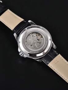 LONGLUX 1pc Men's Automatic Mechanical Watch With Date Calendar PU Leather Strap, Business Premium - Black - View 9