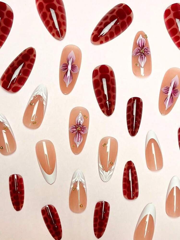 24pcs/Set Elegant Gradient Pink & White Almond-Shaped Nail Stickers With 3D Floral & Pearl Decor, Includes Gel Polish And Nail File, Suitable Girls/Women Daily, Party, Autumn Nails - 多色 2 - 查看 10