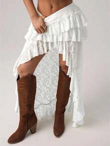 Womens Lace Skirt Summer New Irregular Design Sheer Hollow Out High Waist Slim Fit Skirt - 白色 - 查看 1