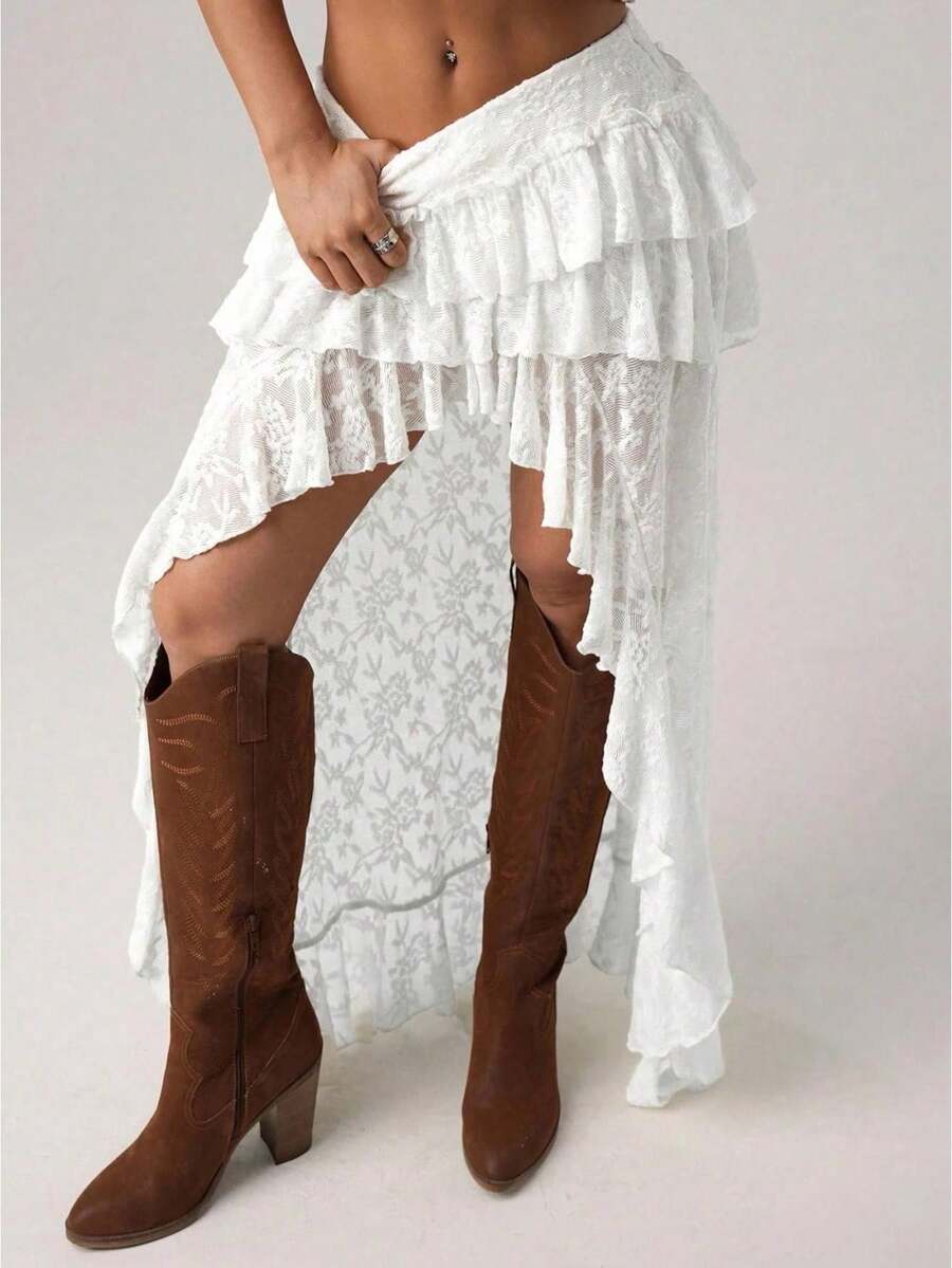Womens Lace Skirt Summer New Irregular Design Sheer Hollow Out High Waist Slim Fit Skirt - 白色 - 查看 1