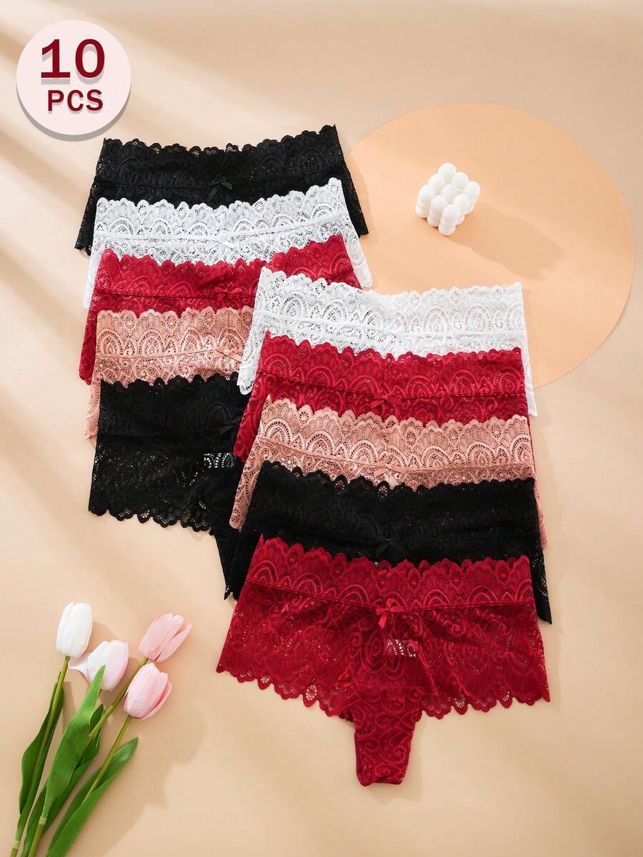10 chiếc quần lót nữ dệt kim jacquard khoét ren thoải mái, màu Sweet - Nhiều màu - Xem 1