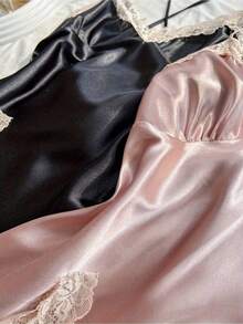 2pcs Black & Blush Pink Satin Chemise: Ruched V-Neck Strapless Sleepwear With Gathered Details, All-Season Luxe Women's Nightgown - Bột đen - Xem 4