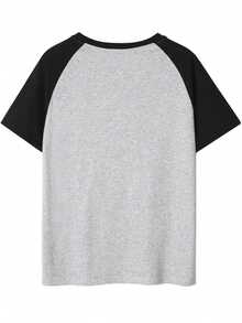 女士插肩撞色圆领休闲日文字母卡通印花短袖T恤，春夏款 - 深花灰 - 查看 5