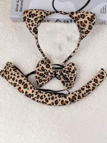 3pcs Cute Cheetah Costume Accessories Set - Includes Cat Ear Headband, Tail, And Bowknot, Suitable For Carnival, Masquerade, And Parties.