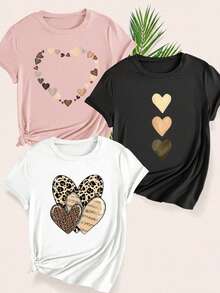 Set 3 Camisetas Manga Corta Cuello Redondo Estampado Corazon Degradado Triple Corazones Animal Print Mujer - Multicolor2 - Ver 1