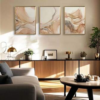 3张抽象米色流体艺术海报，墙面装饰海报，可选配画框