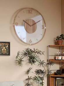 1 Pc, Transparent Acrylic Wall Clock, Creative Wooden Hollow Pointer Clock,Silent Wall Clock, No Ticking, Living Room, Bedroom, Kitchen, Office, Home Decoration Wall Clock. Christmas Present, New Year Present. - Wood Color - View 1