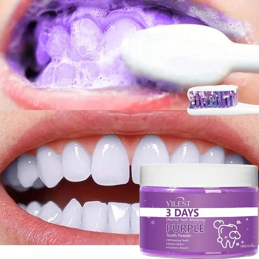 YILEST 紫色牙粉 100克 - 3天美白牙齿。成分：羟基磷灰石、活性炭粉、珍珠粉，薄荷清新，去除牙渍和泛黄，深层清洁，清新口气，牙膏粉，口腔护理。 - 紫色 - 查看 1