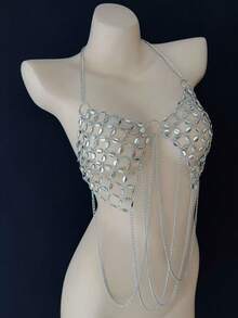 ZHENGHEN Silver Sequin Beaded Camisole Top, Multi-Layer Necklace For Holiday Party, Sexy Women Body Chain, Perfect Gift - Silver - View 4