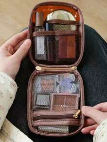 1pc PU Leather Small Capacity Makeup Bag, Compact & Convenient, Data Pouch, Coin Purse, Lipstick Case, Inner Net Pocket, Clutch Bag, Women Cosmetic Bag, Men Toiletry Bag, Storage Bag, Home Makeup Bag, Space-Saving, Dorm Makeup Bag, Fashionable & Practical, Waterproof, Easy To Store Small Items - Multicolor - View 8