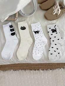 1/4 双女式可爱提花猫和心形图案舒适柔软中筒袜，适合日常穿着 - 彩色 - 查看 7