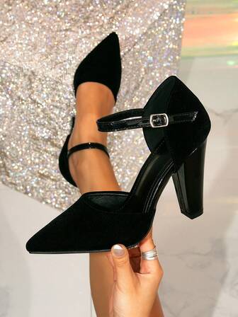 Women's Pointed Toe Hollow Strap Chunky Heel Fashion Pumps