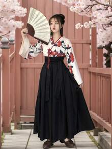 Bộ trang phục kimono cổ điển dễ thương và tươi tắn dành cho bé gái, kiểu dáng cải tiến, thích hợp cho các lễ hội, tiệc tùng, biểu diễn, dạ hội, sân khấu. Bao gồm áo và váy. - Nhiều màu - Xem 3