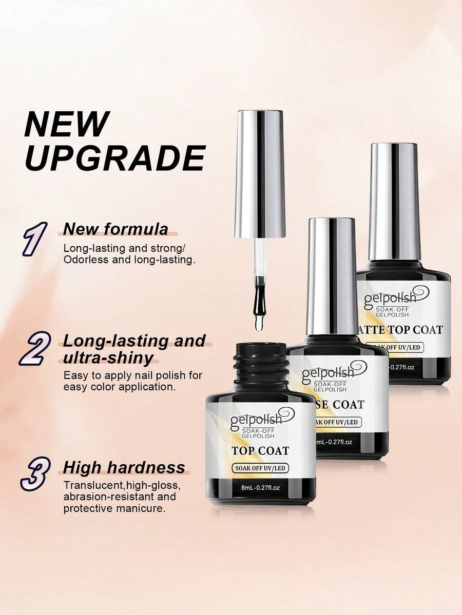 GELPOLISH 3pcs Gel Base Coat, Glossy Top Coat, Matte Top Coat Set, Suitable For Gel Nail Polish, No Wipe, Matte And Glossy Finish, Long-Lasting High Shine And Matte Effect, DIY At Home, Requires UV/LED Lamp - 無色 - 查看 1