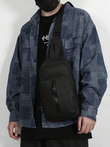 1个男士黑色尼龙胸包，时尚百搭日常通勤胸包 - 黑色 - 查看 2