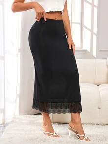 Fashionable Long Lace High-Waisted Skirt Shapewear Skirt Fitted Bodycon Underlayment Long Base Layer Skirt Anti-Sheer Lining (Lightly Shaping) - Black - View 1