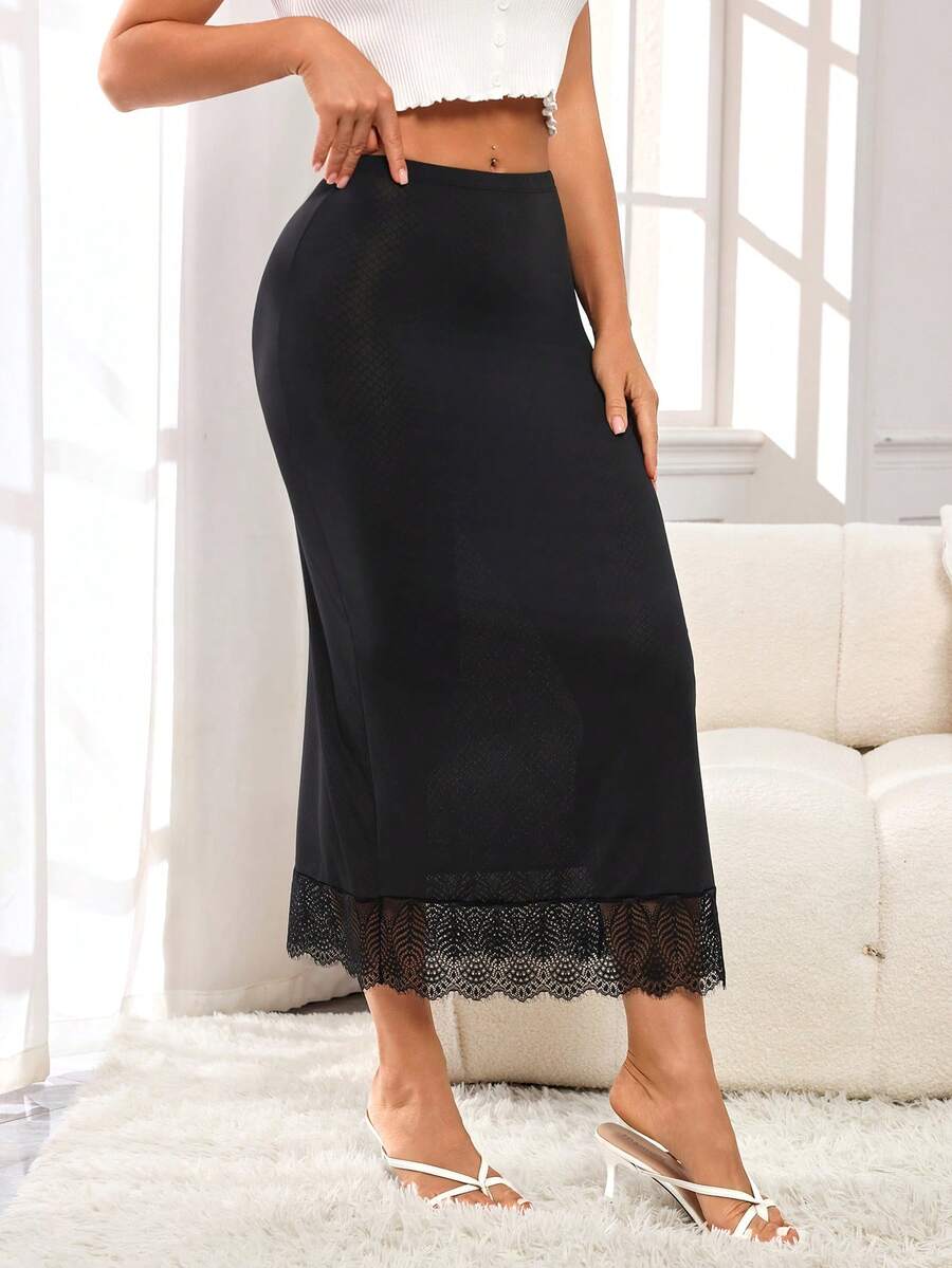 Fashionable Long Lace High-Waisted Skirt Shapewear Skirt Fitted Bodycon Underlayment Long Base Layer Skirt Anti-Sheer Lining (Lightly Shaping) - Black - View 1