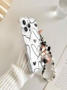 Cream Wavy Edge Glossy Heart Painting Anti-Drop Phone Case With Beaded Bracelet Accessory, Compatible With IPhone, Compatible With Galaxy, Compatible With Redmi,International Version, Not The Domestic Version - Multicolor - View 7