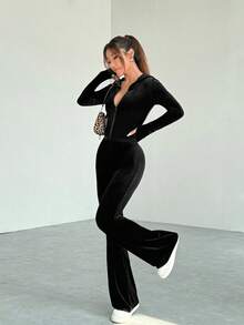 Casual Minimalist Solid Color Velvet Slim Fit Jumpsuit For Autumn/Winter - Kose - View 6
