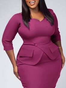 Elegant 2 In 1 Mid-Length Dress, Fitted Silhouette, Suitable For Workplace, Afternoon Tea, Church, Formal Occasions. Solid Color, Faux Pocket Design, Square Neckline, Comfortable Fabric, Versatile For Spring, Summer, Autumn, Office, Daily Wear, Dates, Birthdays, Parties - Red Violet - View 1