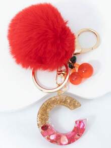 1 Piece Of Rose Red English Letter Resin Keychain With Bubble Hair Ball And Red Cherry Decoration 18K Gold Lobster Buckle Design, Suitable For Bag Chains, Mobile Phone Hanging Chains, Keychains, And Gifts For Friends And Mothers - Red - View 6