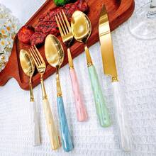 8/20pcs Golden Unique Stainless Steel Tableware, Beautiful Silverware Old-Fashioned Elegant Colorful Ceramic Handle Steak Knife, Dessert Spoon, Fork And Spoon - Multi-Color Creative Tableware Porcelain, Perfect For Daily Dining And Holiday Gatherings