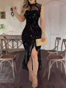 Rochie lungă de petrecere, fără mâneci, din dantelă, cu model patchwork, sexy, culoare solidă, cu crăpături înalte, elegantă, cu volane, cu sclipici, pentru femei, cadou de Ziua Îndrăgostiților - Negru - Vizualizare 2