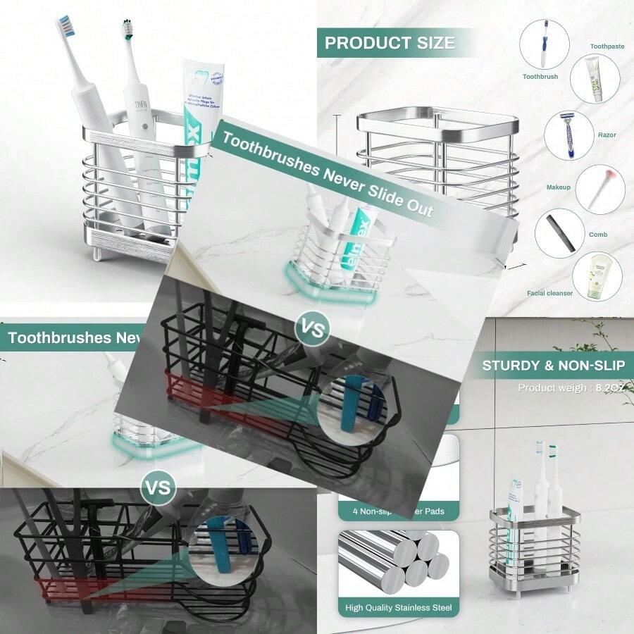 Shower Toothbrush Holder For Bathroom Stainless Steel Tooth Brush Organizer Storage Caddy Sink Toothpaste Holder Stand Tray Silver Bathroom Countertop Accessories Decor - Silver - View 1