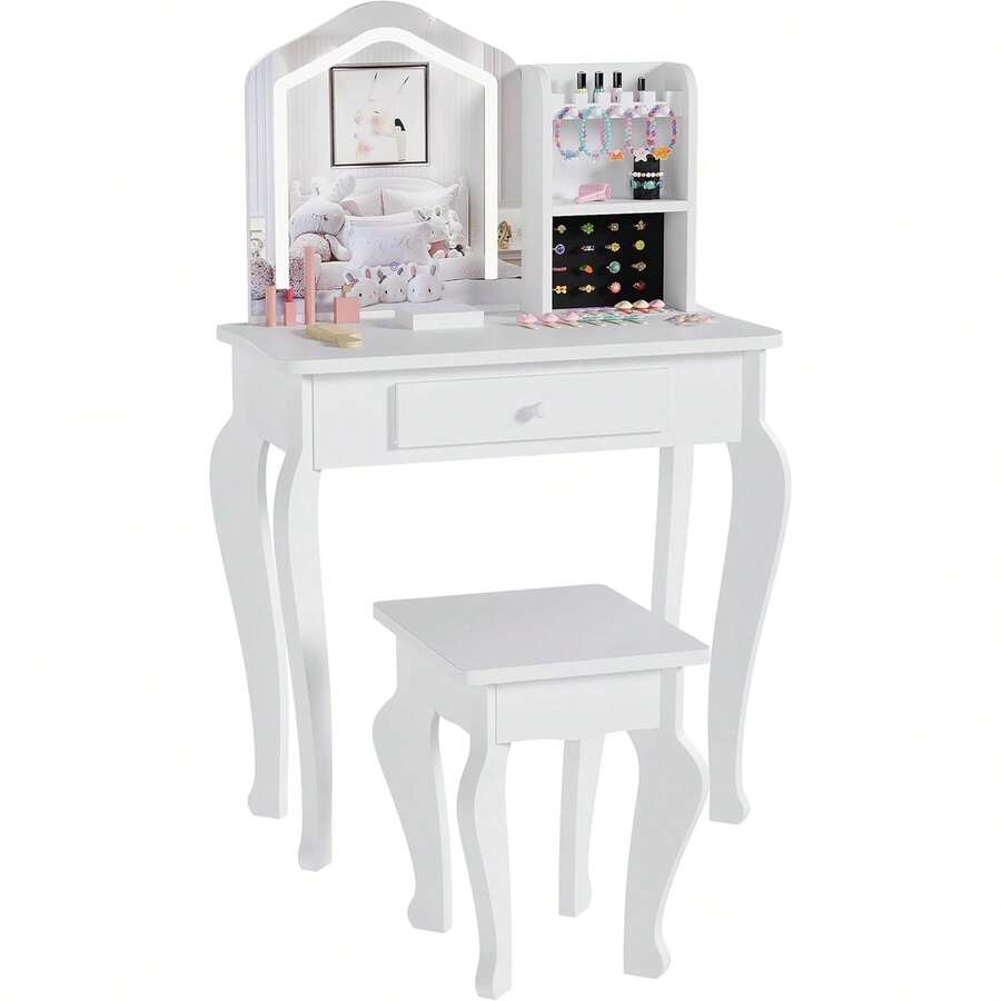 Niños Vanidad con Espejo Iluminado y Cajón & Joyería organizador, Niño pequeño Vanidad Mesa y Silla Set, Niñas Maquillaje Juego - Blanco - Ver 1