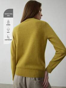 100% Merino Wool Solid Color Turtleneck Sweater, Women's Warm Pullover, Basic Top For Autumn/Winter, Suitable For Christmas, Thanksgiving, New Year - Mustard Yellow - View 2