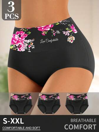 3pcs Women High Waist Briefs, Tummy Control & Lift, Romantic Floral Print, Comfortable & Breathable