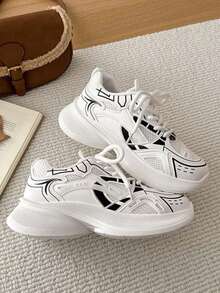 撞色纯色学院风休闲运动鞋，四季皆宜，情侣款，厚底厚底运动鞋，皮革与网布拼接，白色透气百搭时尚网布鞋，户外运动跑步鞋 - 白色 - 查看 5