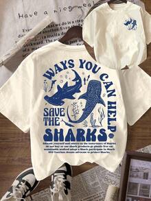 Women's Casual Round Neck Short Sleeve-Shirt With Shark Ocean Conservation Print - Mơ nhạt - Xem 1