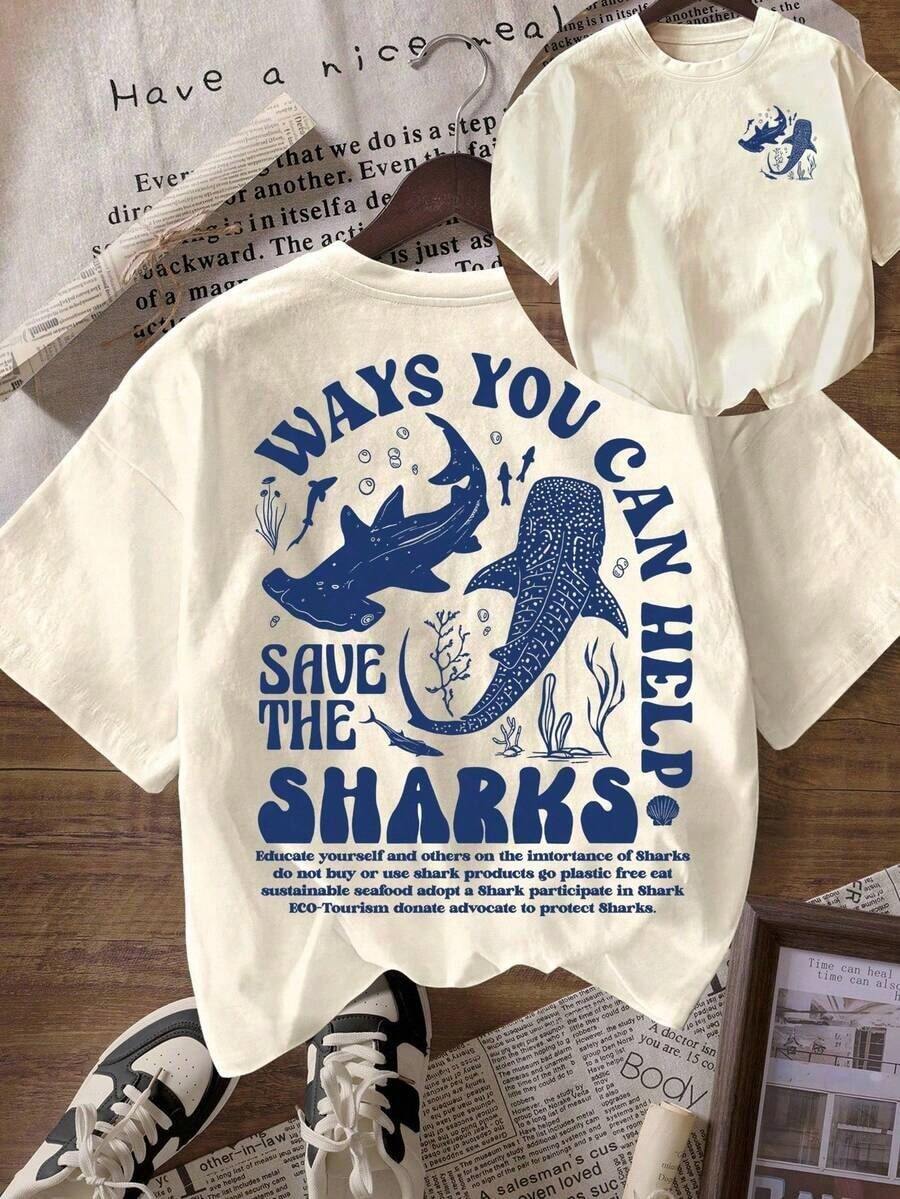 Women's Casual Round Neck Short Sleeve-Shirt With Shark Ocean Conservation Print - Mơ nhạt - Xem 1