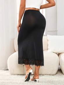 Fashionable Long Lace High-Waisted Skirt Shapewear Skirt Fitted Bodycon Underlayment Long Base Layer Skirt Anti-Sheer Lining (Lightly Shaping) - Black - View 2