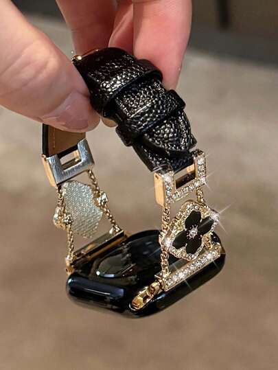 1条奢华闪亮时尚水钻蝴蝶装饰舒适真皮表带，适用于38/40/41/42/42/44/45/49/46mm表盘，适用于1/2/3/4/5/6/7/8/SE/Ultra系列，是送给年轻女性、女孩、学生和朋友的理想礼物。