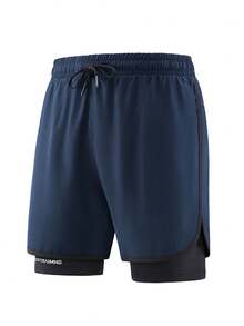 1 Stück einfarbige Sporthose, rutschfest und leicht, Doppellagige unisex Paar Shorts für Laufen, Outdoor, Gym, Frühling/Sommer - marineblau - Übersicht 4