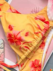 情人节沙滩装，芙蓉花印花，可爱花朵比基尼套装，心形金属装饰。2026夏季女士沙滩比基尼，优雅休闲圣诞节和派对装，休闲夏季度假装，时尚两件式嘉年华沙滩度假泳装。 - 橘色 - 查看 5